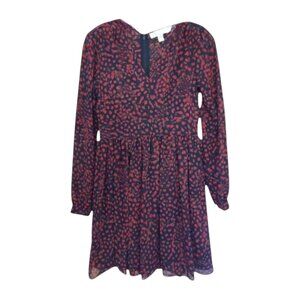 Michael Kors Smocked Red and Black Patterned Long Sleeve Dress Size 2